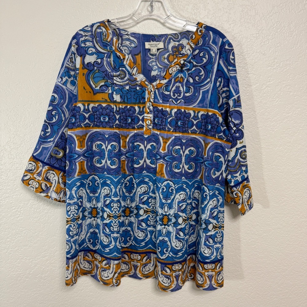 Orientique Tunic Top Women Small Blue Orange Organic Cotton Pintuck Boho Resort